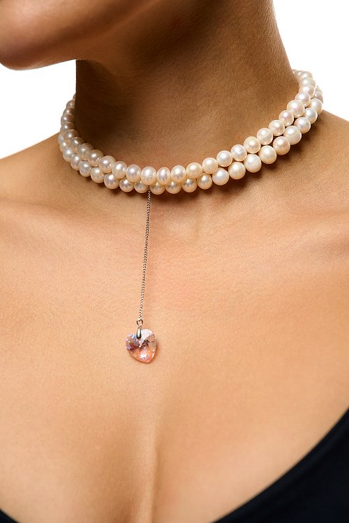 Двухъярусное колье из круглого жемчуга с кристаллом Сваровски